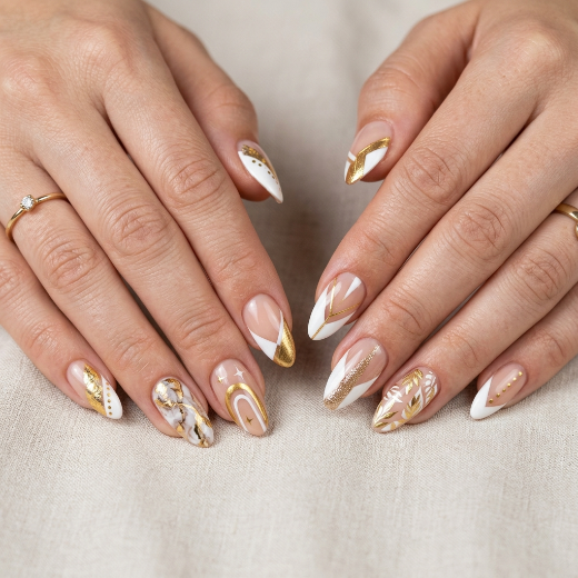 Asymmetrical white gold nails