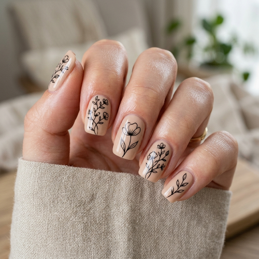 Black floral line art nails