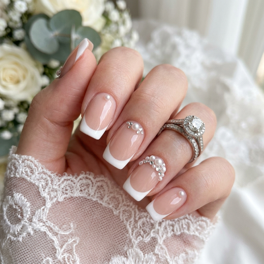 French tip nails pearl accents
