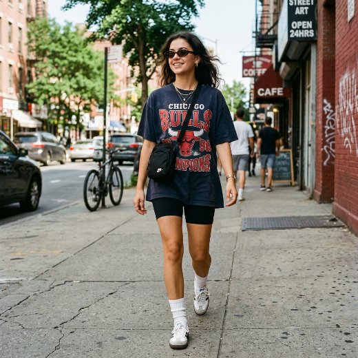 Girl wearing oversized tee shorts