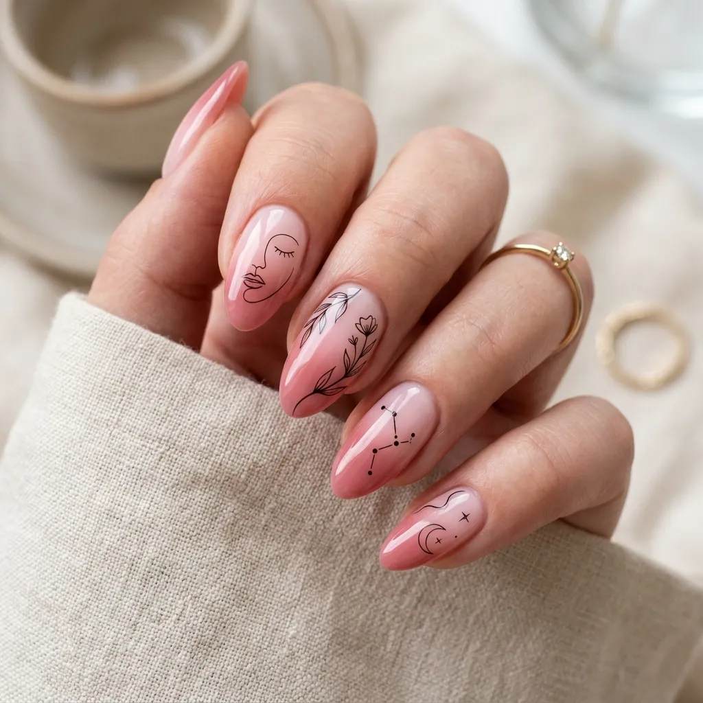 line art blush nails