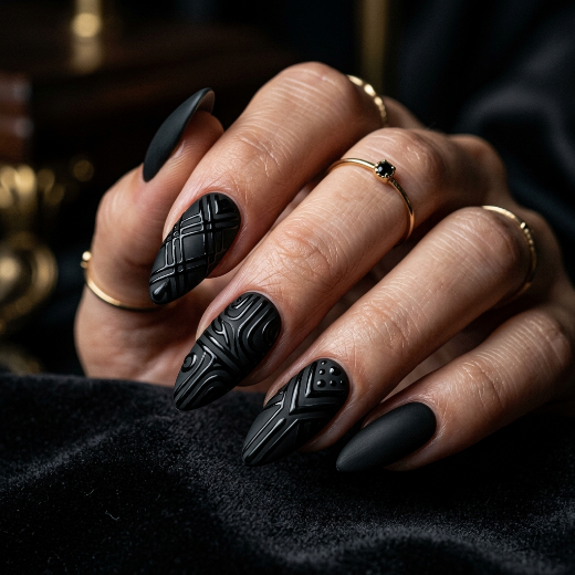 Matte black nails glossy patterns