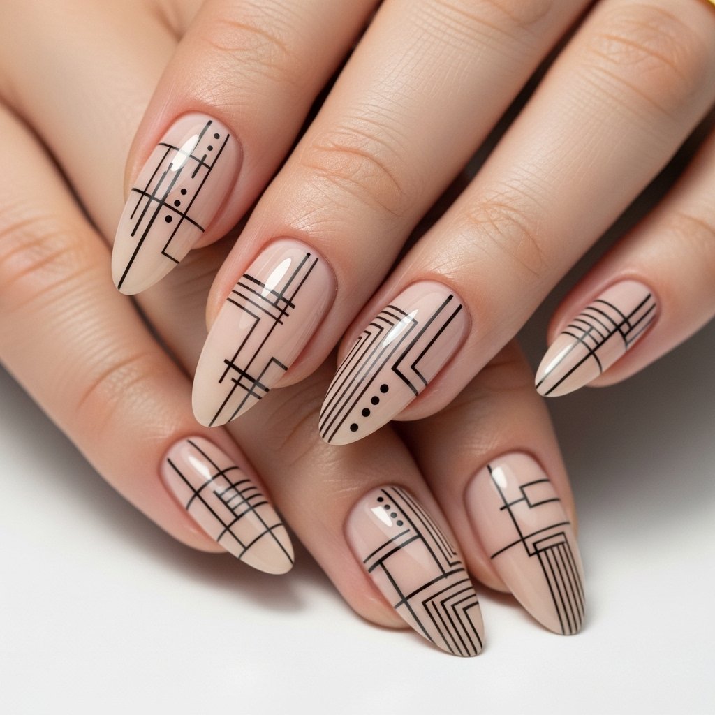 Nude nails with black line art