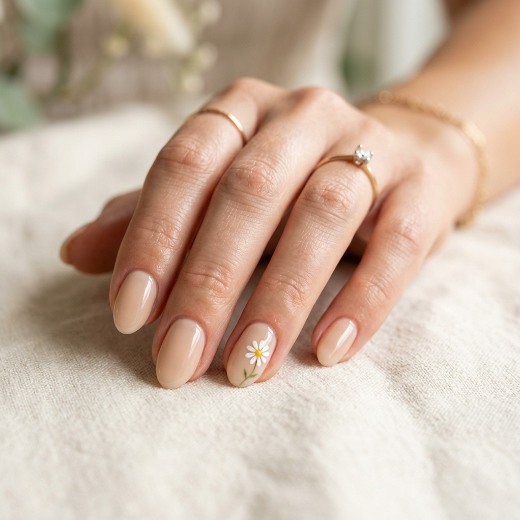Nude nails with daisy accent