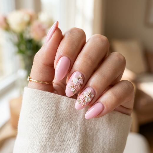 Pastel pink manicure floral accents