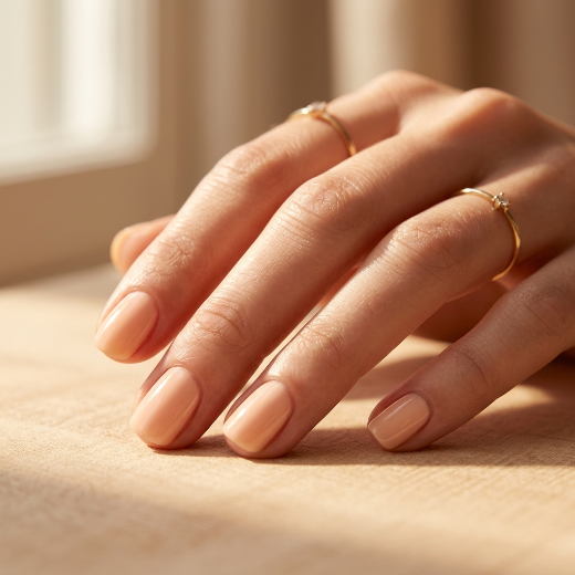 Peach manicure in warm light