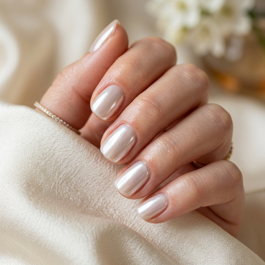 Pearl chrome short nails luxury