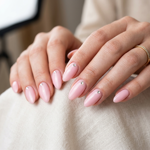 Pink nails with rhinestone accents