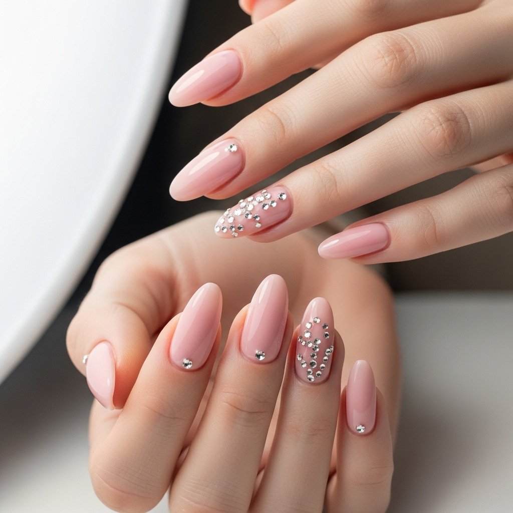 Pink nails with small rhinestones