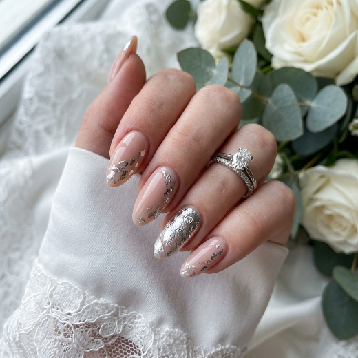 Silver foil manicure nude base