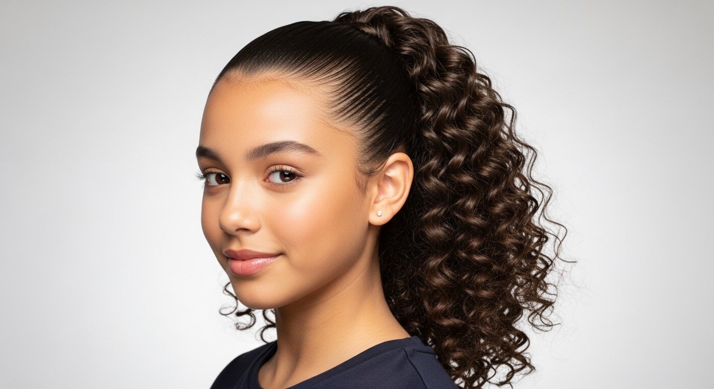 Slicked-back curly ponytail