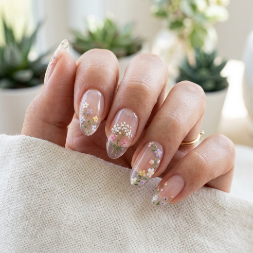 Transparent nails with floral