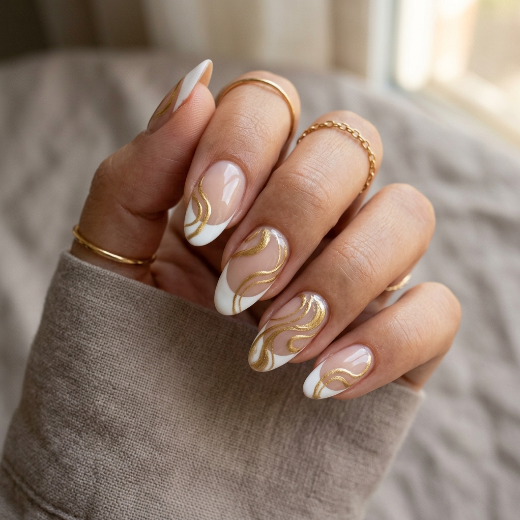 White French tip nails swirls