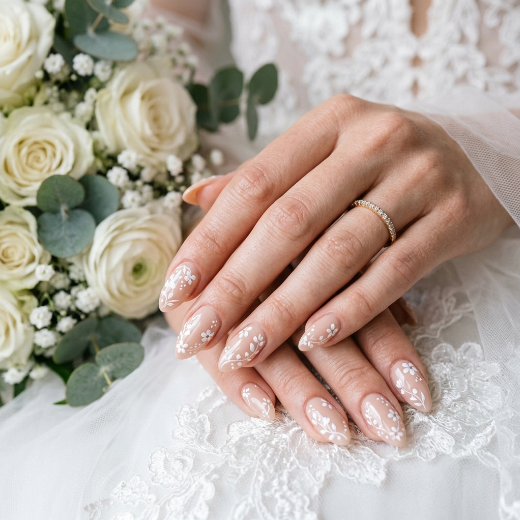 White flowers on nude nails