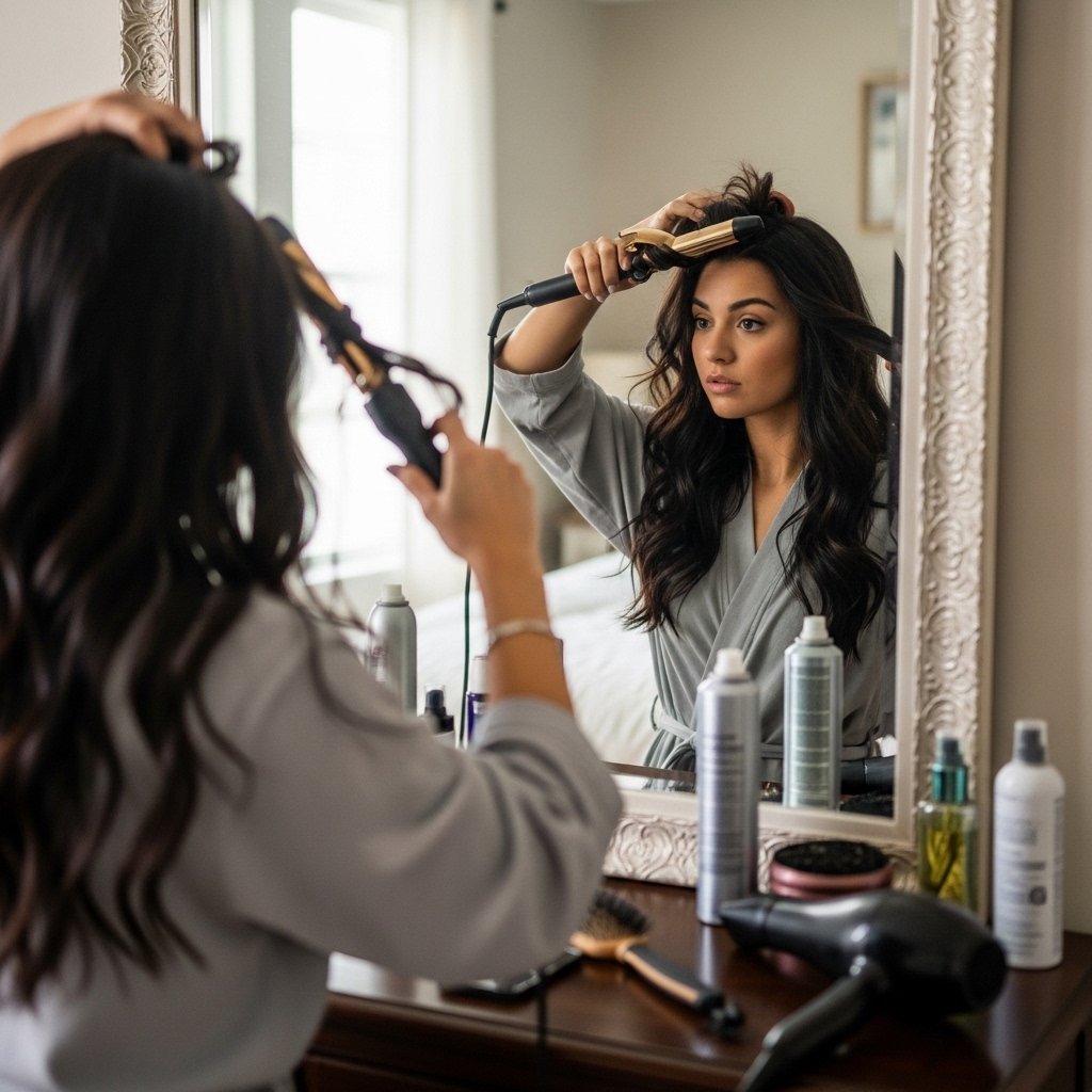 Woman styling long hair at home