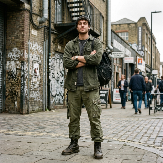 button-up shirt and olive cargo pants