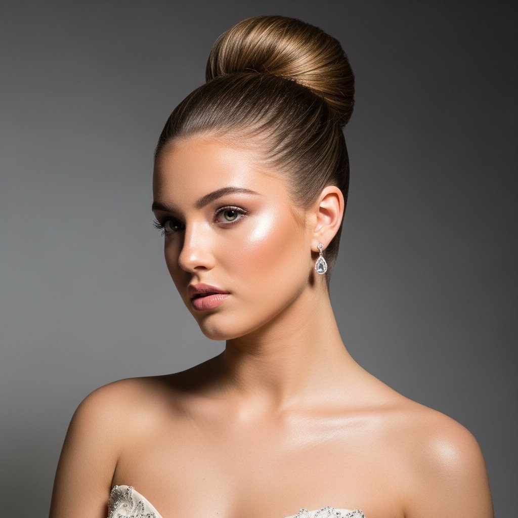 high bun hairstyle with strapless dress