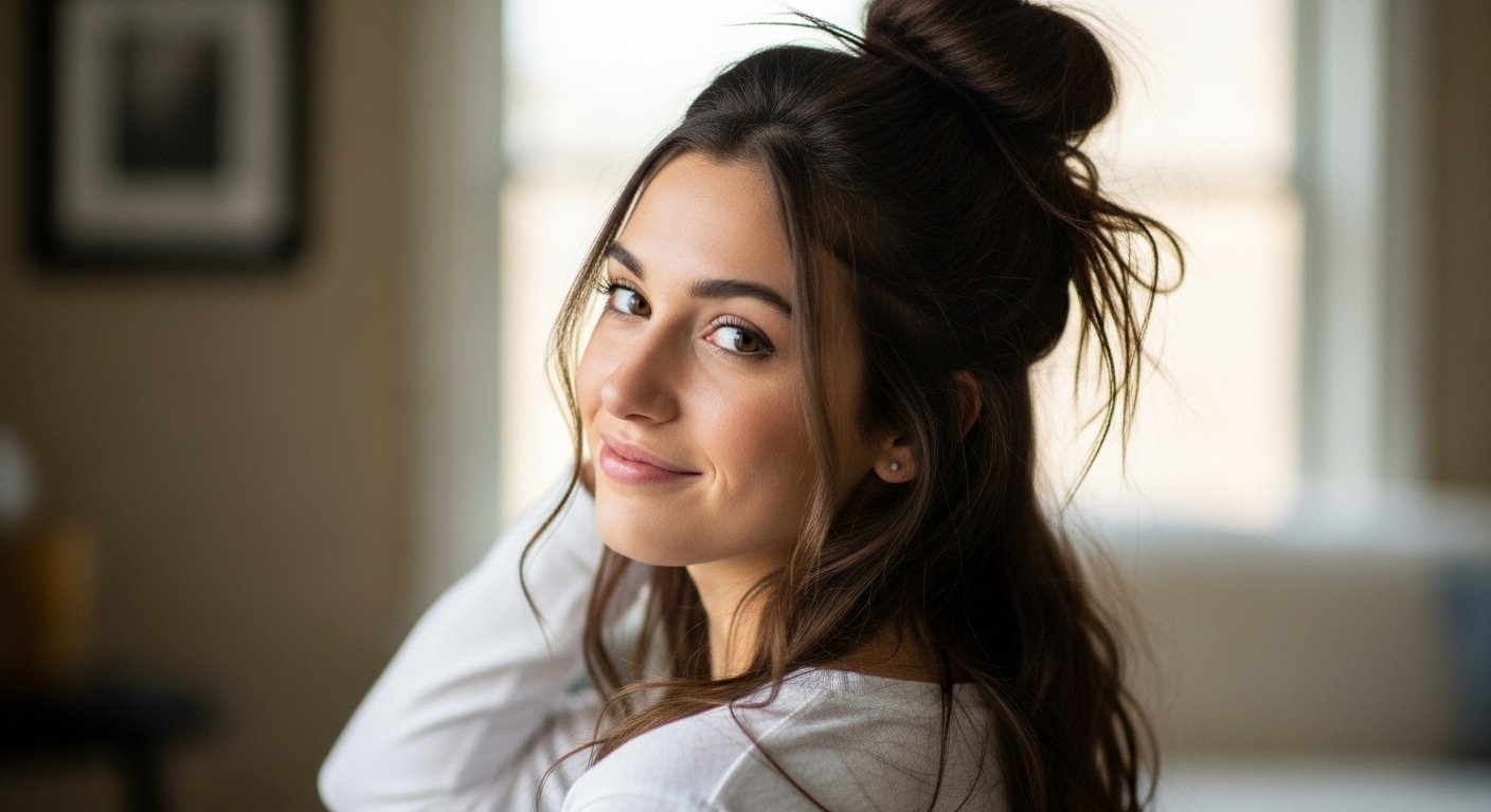 messy top knot long hair