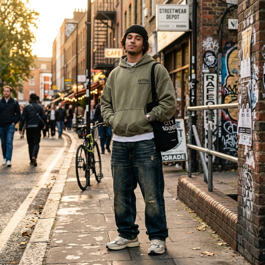 oversized hoodie and baggy jeans