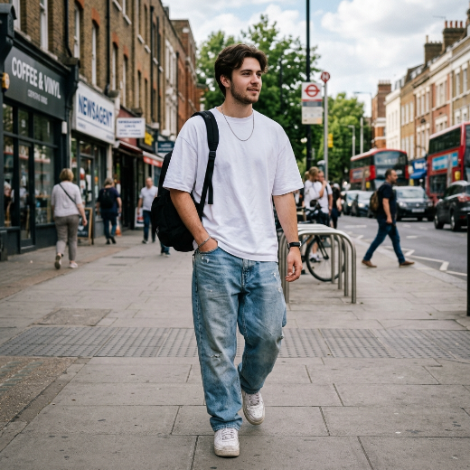 white t-shirt and light blue baggy jeans