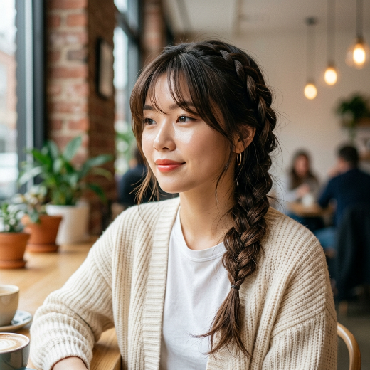 Braided hairstyle with curtain bangs
