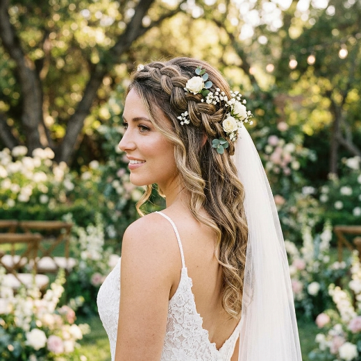 Bridal braid hairstyle with floral accents