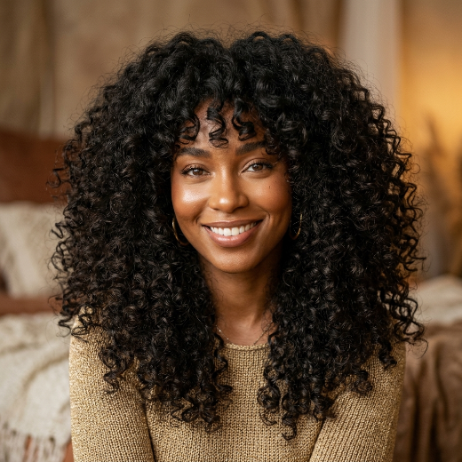 Curly hairstyle with layered bangs