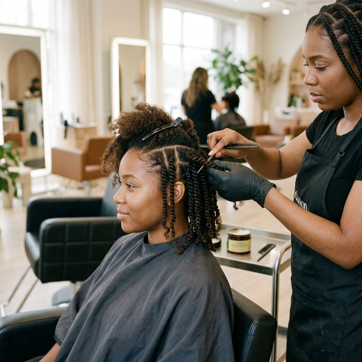 Hair stylist installing neat protective twists