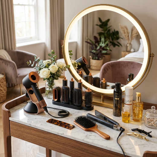 Hairstyling tools on vanity table