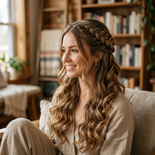 Half-up braid with curls
