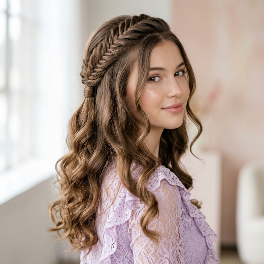 Half-up fishtail braid soft curls