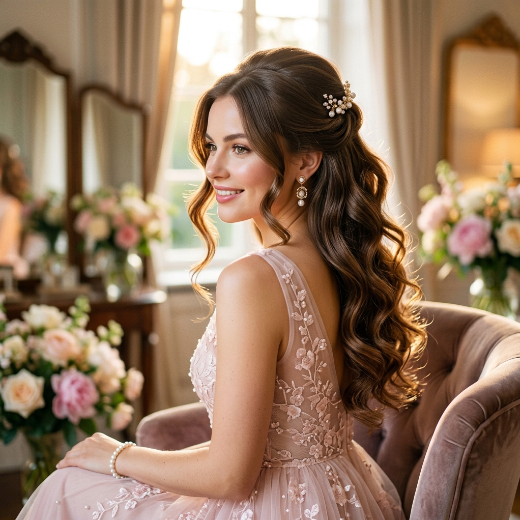 Half-up hairstyle with pearls
