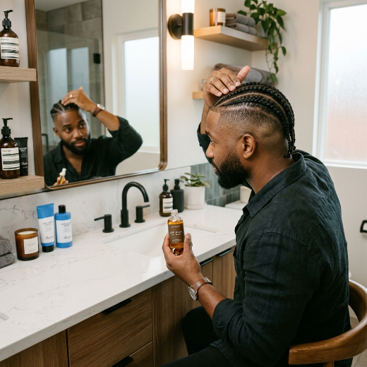 Man applying oil to cornrows