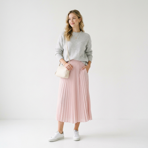 Soft pastel and gray outfit