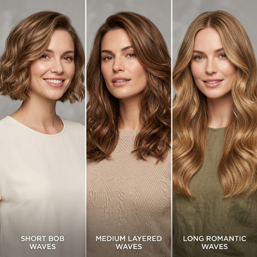 Three hair lengths styled with soft waves