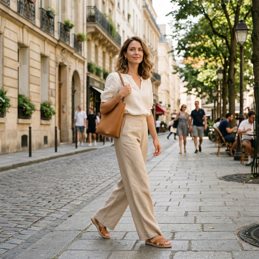 Trousers with summer blouse