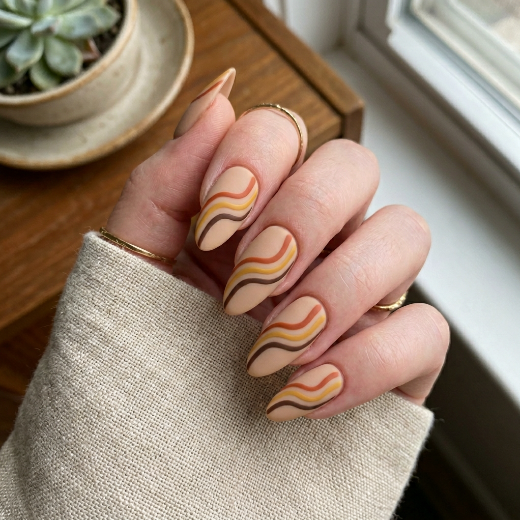Wavy line art almond nails