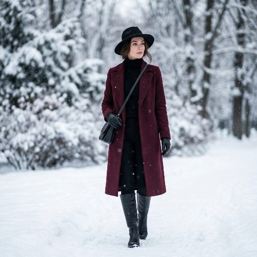 burgundy coat with black outfit