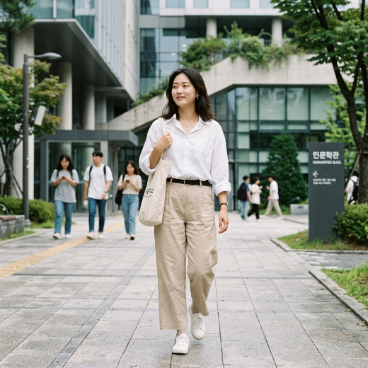 button-up shirt and relaxed beige trousers