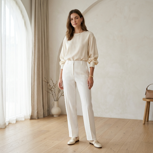 cream blouse and white trousers