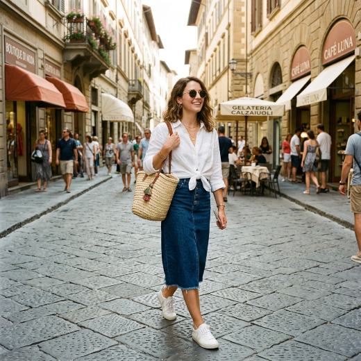 denim skirt and tied white button-up