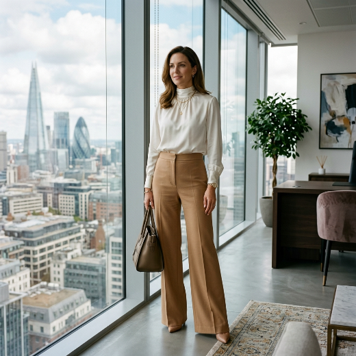 ivory satin blouse with tailored wide-leg