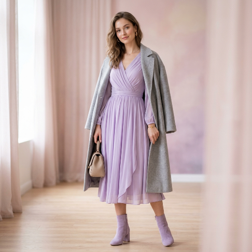 lavender dress with gray coat