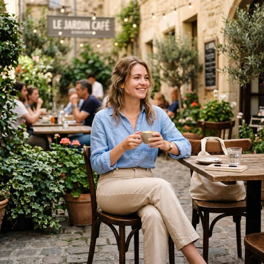 light blue shirt with beige trousers