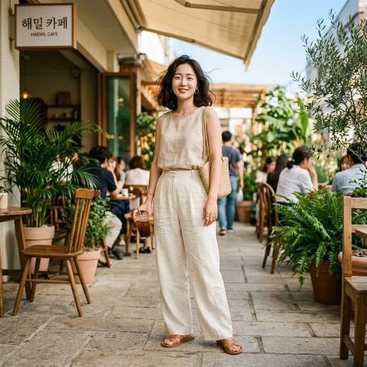 linen trousers and sleeveless beige top in bright sunny outdoor café, airy