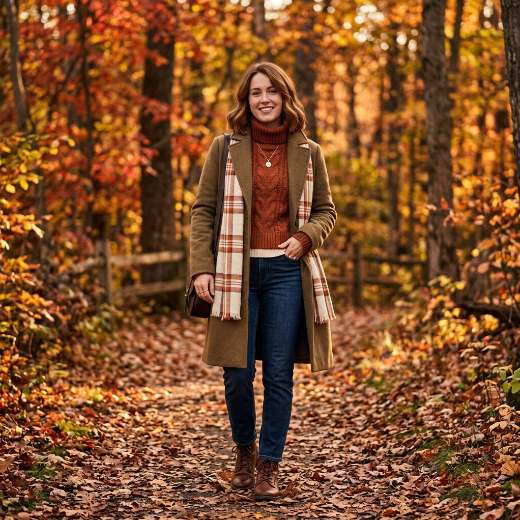 rust sweater and olive coat