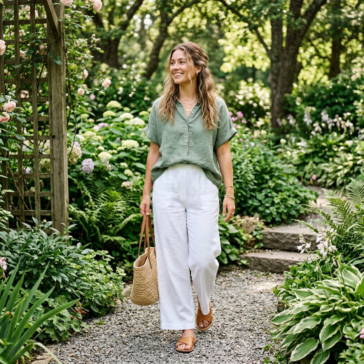 sage green top with white wide-leg pants