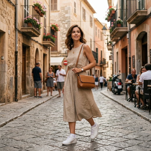 sleeveless beige midi dress