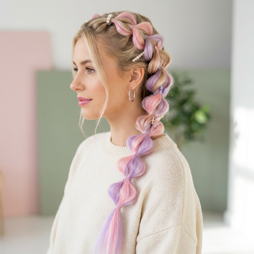 ubble braid hairstyle with pastel extensions