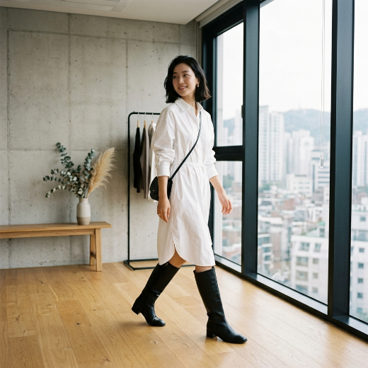 white shirt styled as dress with tall boots
